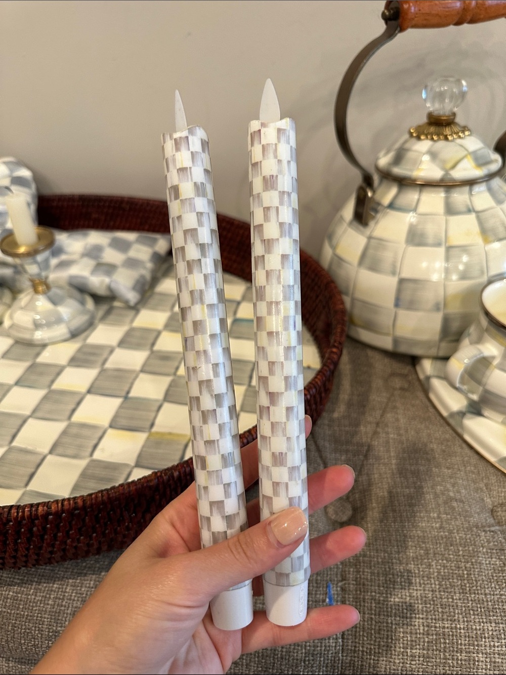 Mackenzie Childs White & Gray Checkered Taper Flameless Candles - Set of 2